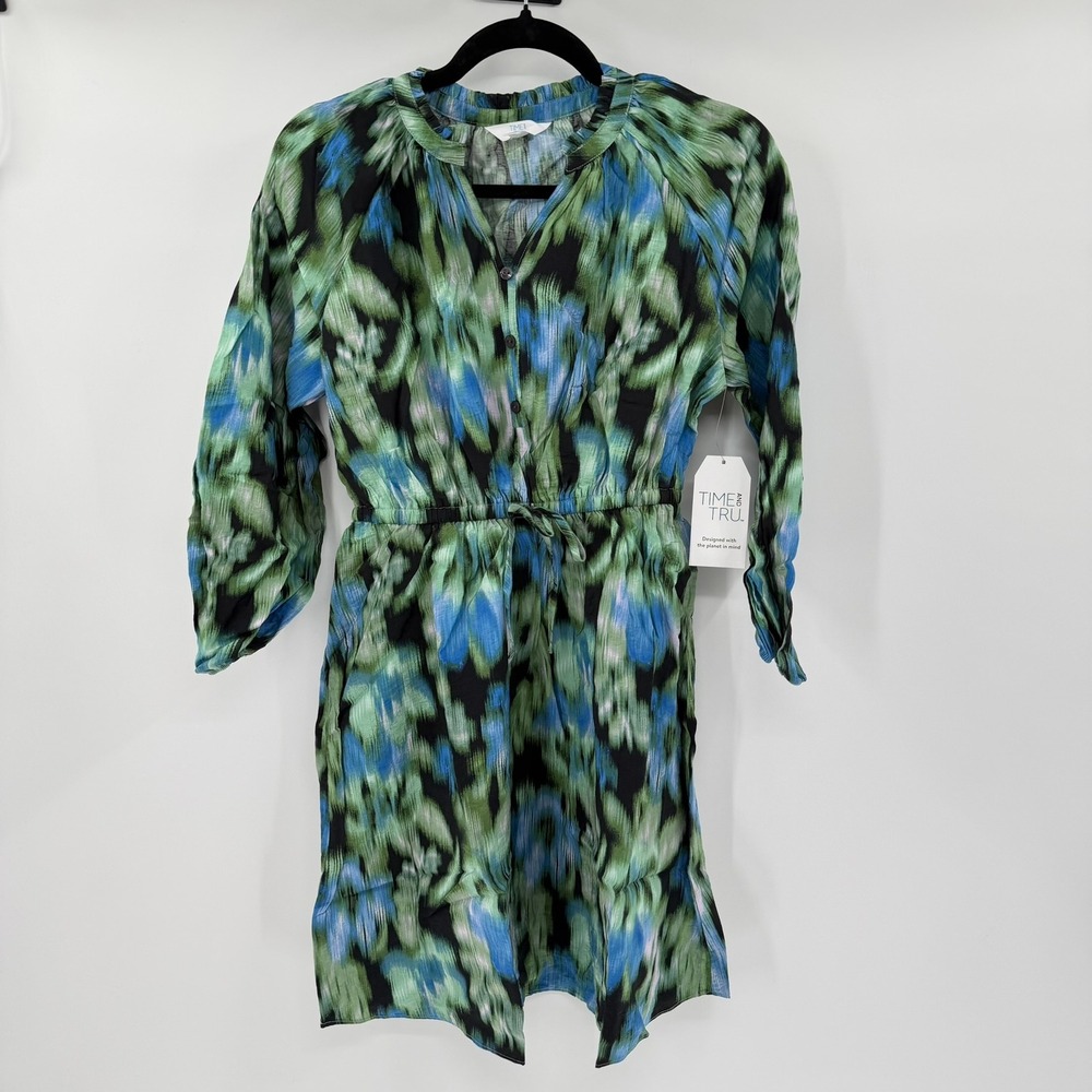 Time and Tru Boho Mini Dress Modern Women Size XS Green Blue Abstract Watercolor